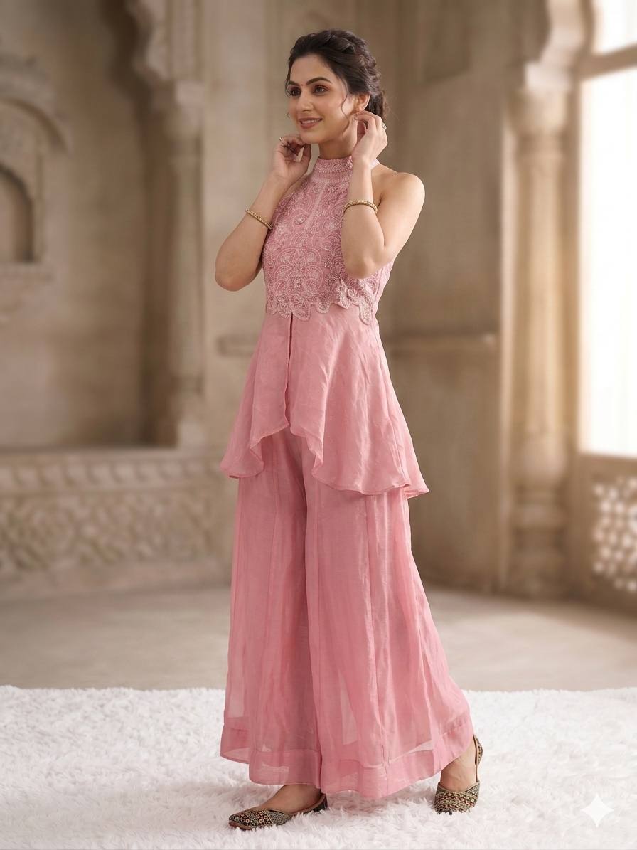 Elegant Blush Pink Peplum Kurti and Flared Palazzo Set Embellished with Delicate Resham Embroidery and Mirror Work